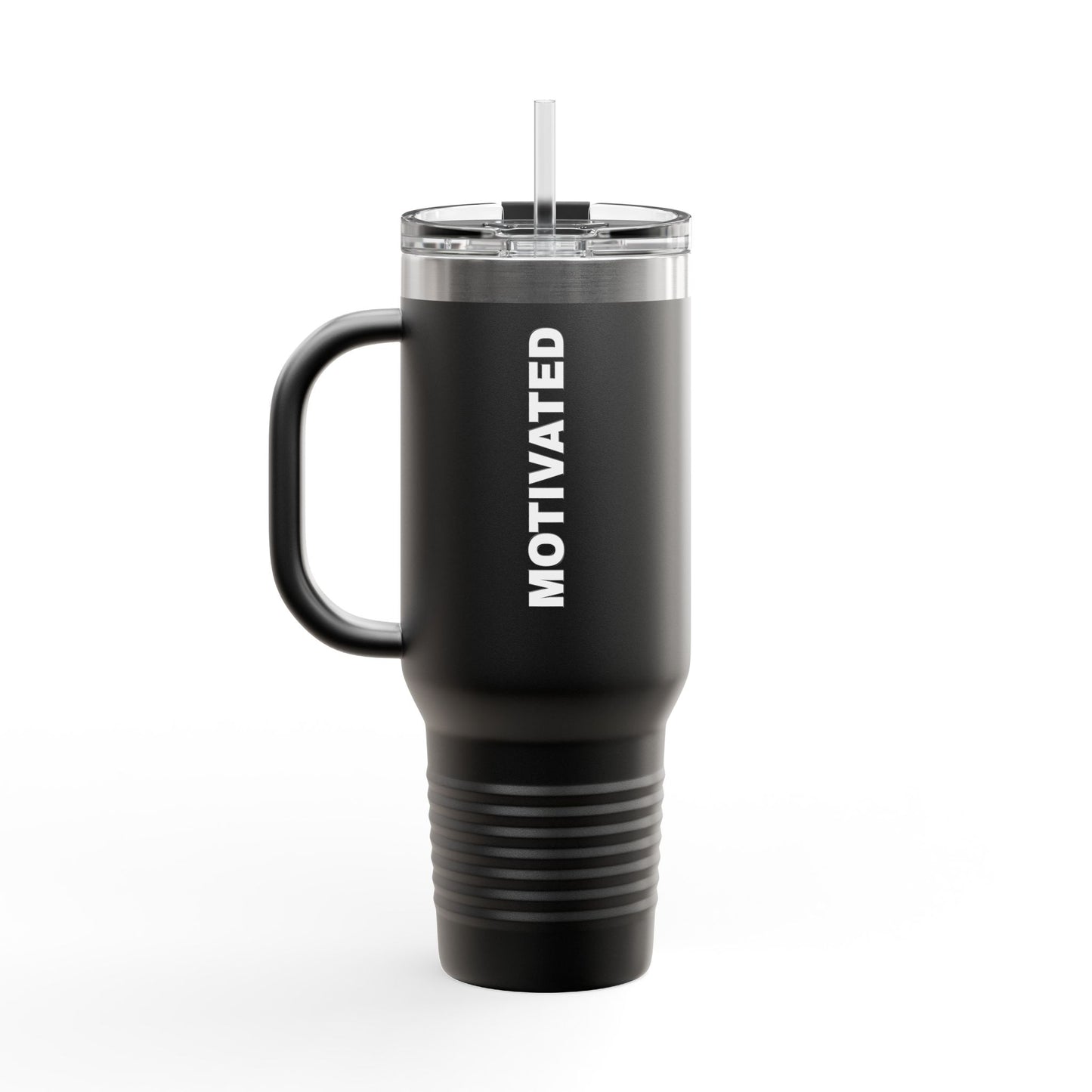 Black Motivated 40oz Insulated Travel Mug – Large Stainless Steel Tumbler with Handle & Straw
