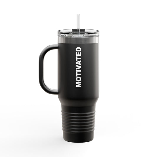 Black Motivated 40oz Insulated Travel Mug – Large Stainless Steel Tumbler with Handle & Straw